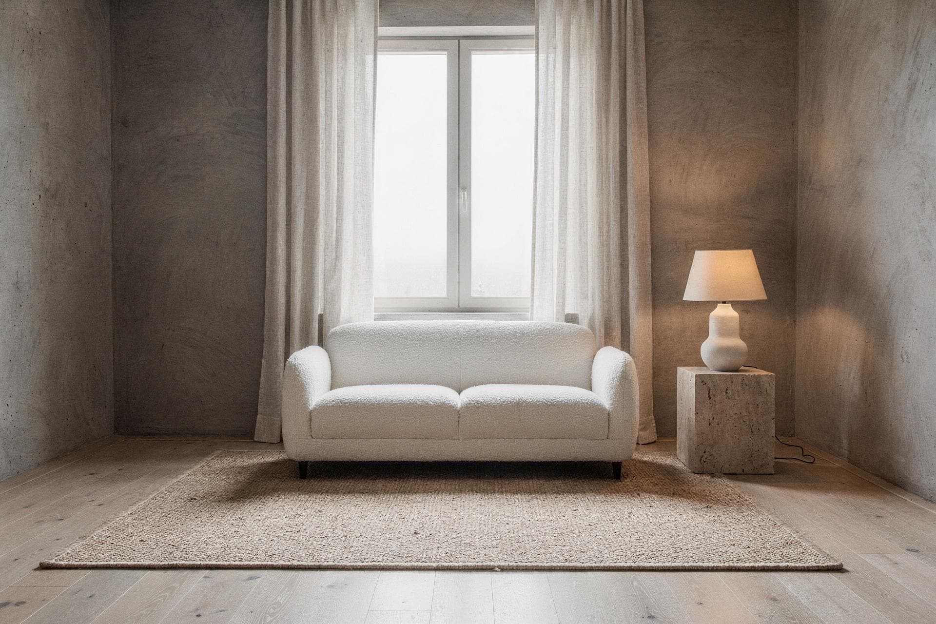 An ivory bouclé loveseat under a curtained window beside a ceramic table lamp