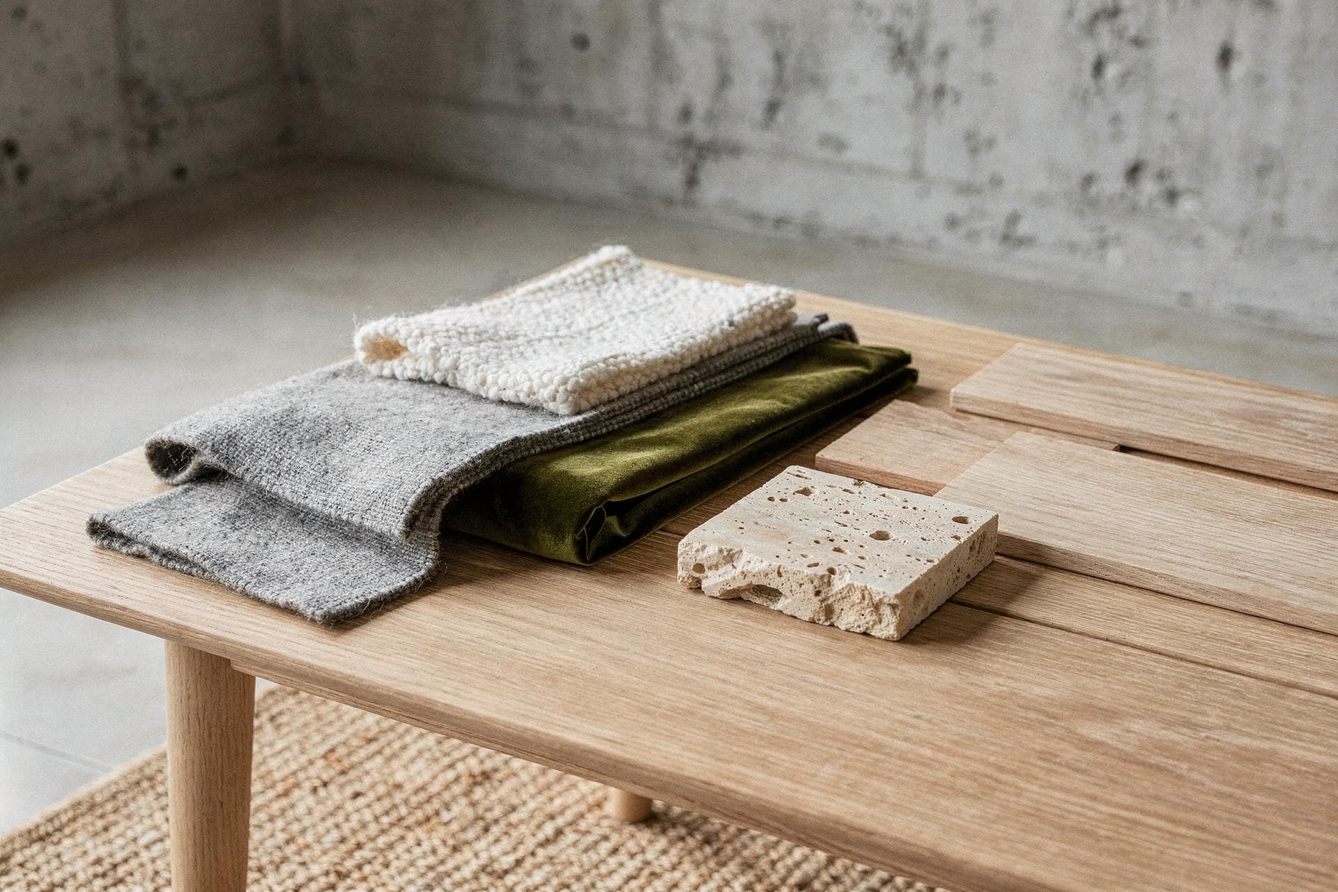 Swatches of grey wool, oat linen, moss velvet and bouclé beside a piece of travertine on an oak table